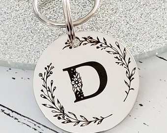Floral letter Pet ID tags engraved,  stainless steel available in silver, gold and rose gold, laser engraved.