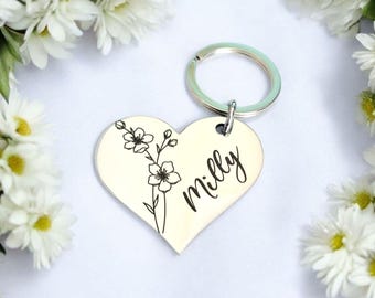 Birth flower keyring, with personalised message.