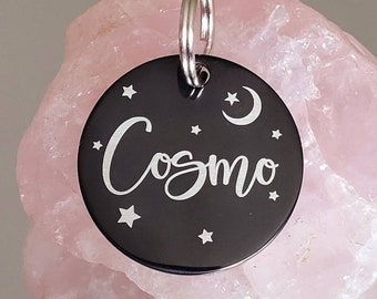 Dog ID tags, black disk with silver/white showing through, various fonts and sizes to choose from