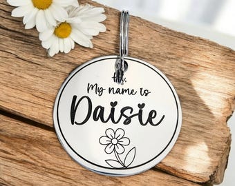 Daisy design ROUND pet ID tag, dog tag, collar tag, cat tag, various colours, engraved