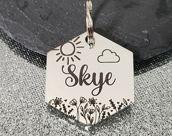 Sunshine themed Pet ID tag. Hexagon or round. Contact information on the back. Laser engraved.