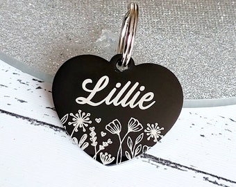 Wild flower heart design pet ID tag, laser engraved, available in silver, gold, rose gold  and Black.