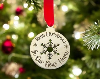 Personalised first Christmas Snowflake Christmas tree decoration. 40mm stainless Steel.