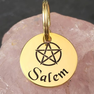 Klein 20 mm pentagram heks kat kitten ID-tags lasergegraveerd, roestvrij staal verkrijgbaar in zilver, goud en roségoud.