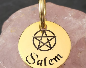 Tiny 20mm pentagram witches cat kitten ID tags laser engraved,  stainless steel available in silver, gold and rose gold.