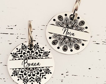 Mandala design dog ID tags. stainless steel round tag available in rose gold,  silver, gold or black.