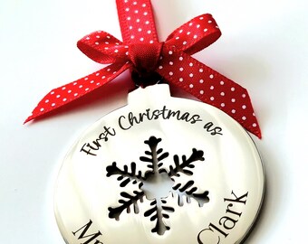 Personalised Christmas Bauble, 40mm Stainless Steel Flat Tree Decoration, Custom Engraved Ornament with Optional Ribbon Bow.
