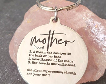 Mother noun keyring. Mothers day,  personalised on the back. Birthday key chain. Also grandma