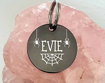 Halloween themed pet ID tag, spiders and cobwebs. 25mm, 30mm and 35mm.