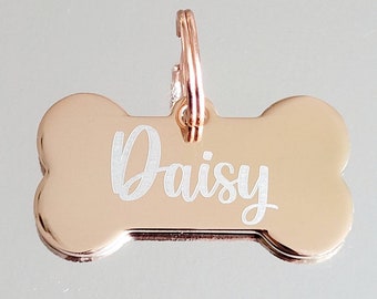 Bone pet tags laser engraved, available in silver, gold and rose gold.