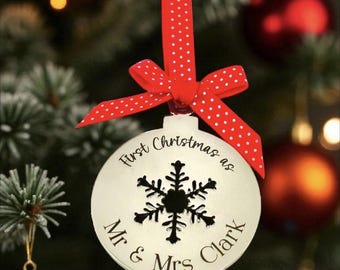 Personalised Christmas Bauble, 40mm Stainless Steel Flat Tree Decoration, Custom Engraved Ornament with Optional Ribbon Bow.