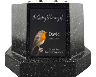 Personalised Robin Black Octagon Memorial Rose Bowl Grave Vase with Silver Lid | Custom Grave Flower Holder | In Loving Memory Vase