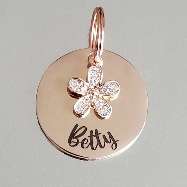 Rose gold pet ID tag with sparkly daisy charm. Silver, gold or rose gold.