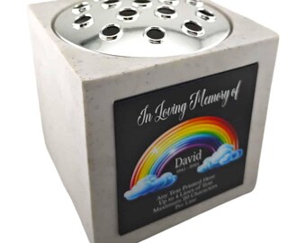 Personalised Rainbow Black or white Square Memorial Rose Bowl Grave Vase with Silver Lid| Custom Grave Flower Holder | In Loving Memory Vase