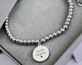 Personalised ladies 18cm beaded bracelet, with stainless steel round pendant. gift for her, ladies gifts