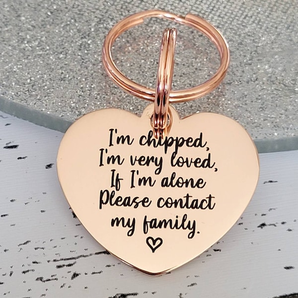 I'm chipped dog tag engraved hearts,  stainless steel available in silver, gold and rose gold