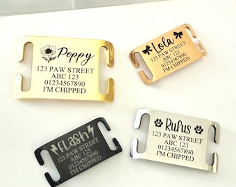 Pet ID collar tags, Stainless Steel slide on, 4 colours, 3 sizes to choose from. Laser engraved.