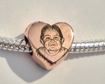 Personalised Rose Gold Pandora Style Charm – 10mm Engraved Bead with Photo, Paw Print or Text – Custom Keepsake Jewellery Gift (fit pandora)