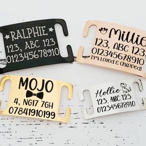 Pet ID collar tags, coated steel slide on, 5 colours, 3 sizes to choose from. Laser engraved.