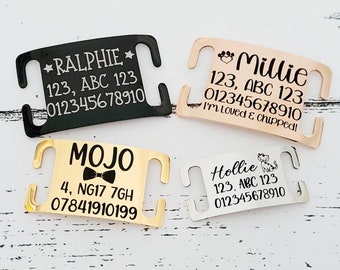 Pet ID collar tags, coated steel slide on, 5 colours, 3 sizes to choose from. Laser engraved.