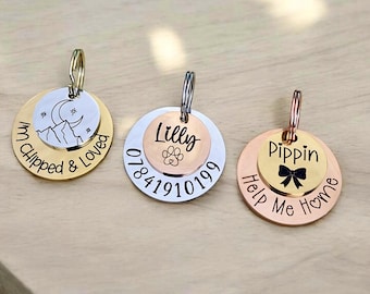 Luxury ROUND layered pet ID tag, dog tag, collar tag, cat tag, various colours, engraved