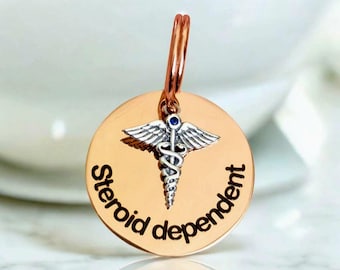 Rose gold, silver or gold pet ID tag or bag charm with medical /caduceus charm. MEDICAL ALERT