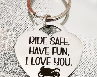 Motorbike themed, Ride safe custom keyring.