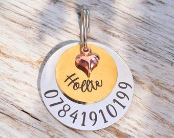 Luxury ROUND layered pet ID tag with heart charm, dog tag, collar tag, cat tag, various colours, engraved