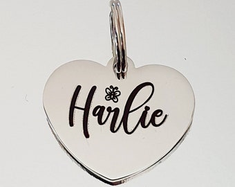 Butterfly design Silver Stainless Steel heart pet ID tag.  Laser engraved.