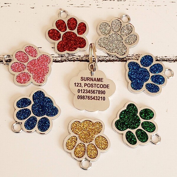 Quality coloured sparkly Silver 25mm paw dog ID tag, laser engraved.