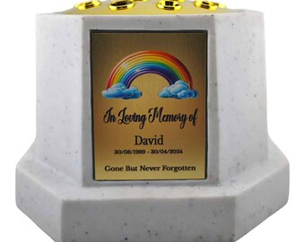 Personalised Rainbow White Octagon Memorial Rose Bowl Grave Vase with Gold Lid | Custom Grave Flower Holder | In Loving Memory Vase