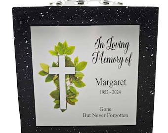 Personalised Black Square Memorial Rose Bowl Grave Vase with Silver Lid | Custom Grave Flower Holder | In Loving Memory Cross Vase