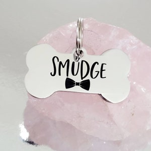Bowtie design,Bone shaped pet tags laser engraved, available in silver, gold, rose gold, black, rainbow and blue
