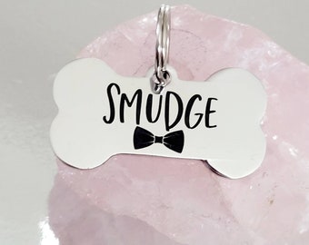 Bowtie design,Bone shaped pet tags laser engraved, available in silver, gold, rose gold, black, rainbow and blue