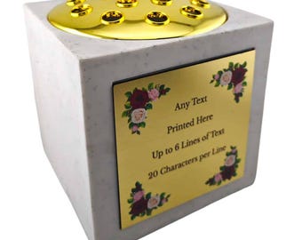 Personalised Floral Rose White Square Memorial Rose Bowl Grave Vase with Silver Lid & Gold Plate | Custom Grave Flower Holder