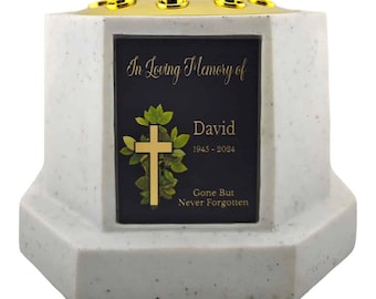Personalised White Octagon Memorial Rose Bowl Grave Vase with Silver or Gold Lid | Custom Grave Flower Holder | In Loving Memory Cross Vase