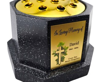 Personalised Black Octagon Memorial Rose Bowl Grave Vase with Gold Lid | Custom Grave Flower Holder | In Loving Memory Cross Vase