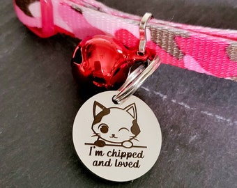 Tiny 20mm cat kitten ID tags laser engraved,  stainless steel available in silver, gold and rose gold. 32 cats to choose from.