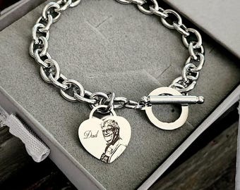 Personalised ladies chunky bracelet, with stainless steel heart pendant. Photo gift, gift for her, ladies gifts