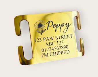 POPPY themed Pet ID collar tags, Stainless Steel slide on, 4 colours, 3 sizes to choose from. Laser engraved.