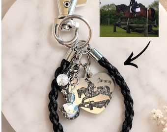 Horse hair / tail woven bag charm or  Keyring with engraved heart fob. Text or photo engraved