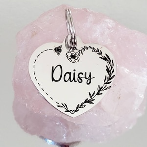 Bumblebee heart design pet ID tag, laser engraved, available in silver, gold, rose gold  and Black.