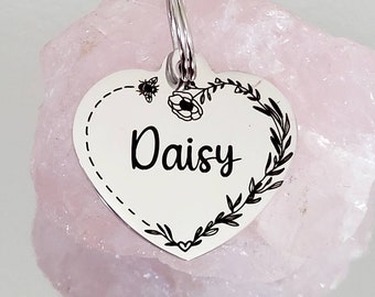Bumblebee heart design pet ID tag, laser engraved, available in silver, gold, rose gold  and Black.