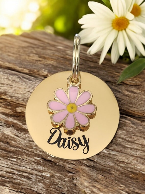 Gold Pet ID Tag With Pink or Blue Daisy Charm. - Etsy
