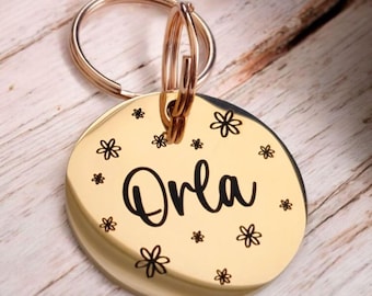 Beautiful stylish pet ID tag, with flower design. Available in silver, gold, rose gold or black stainless Steel