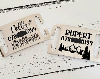 Pet ID collar tags, Shiny stainless steel slide on, 4 colours, 3 sizes to choose from. Laser engraved.