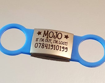Slide on silicone and stainless Steel pet ID tags, 2 sizes and 4 colours to choose from. Laser engraved.