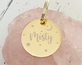 Moon and star dog tags engraved,  stainless steel round tag available in rose gold,  silver and gold