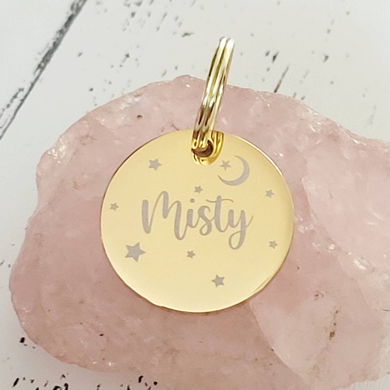 Moon and star dog tags engraved,  stainless steel round tag available in rose gold,  silver and gold 