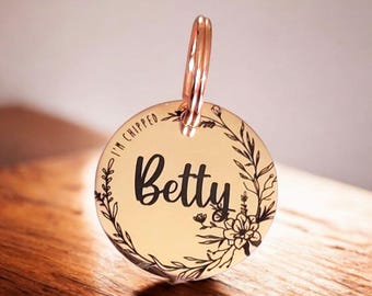 Beautiful stylish pet ID tag, with floral border design. Available in silver, gold, rose gold or black stainless Steel